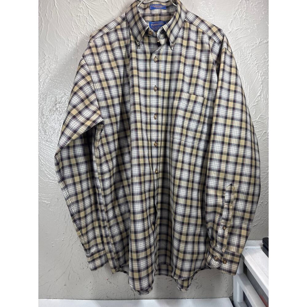 Pendleton Virgin Wool Stewart Camel Tartan‎ Long Sleeve Button Shirt Large Long
